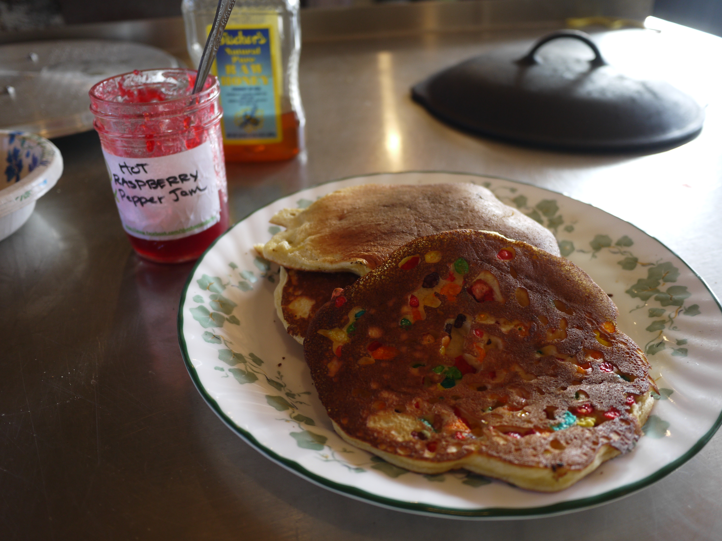 Fruity Pebble pancakes with spicy jam