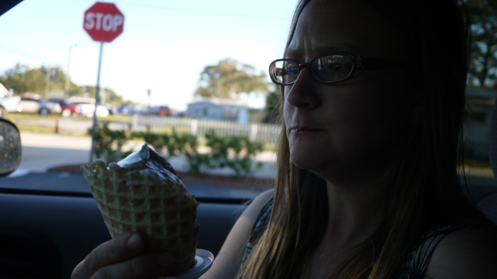 Kristin, amazed by the power and glory of her Sea Salty & Sweet / Dark Chocolate Orange ice cream