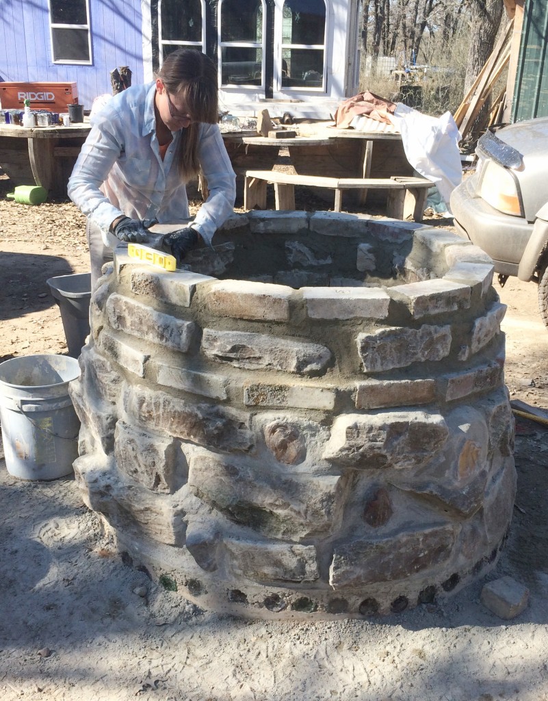 as we neared the top, we worked in two tiers of old homestead bricks - and were proud (& sort of amazed!) when the top was level across from side to side in all directions