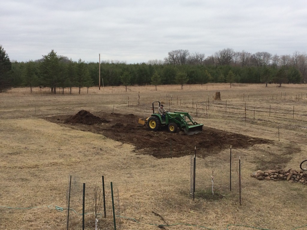 Neighbor Dave doing some tractormancy on a pile of aged horse manure, to prepare the soil for the new high tunnel greenhouse