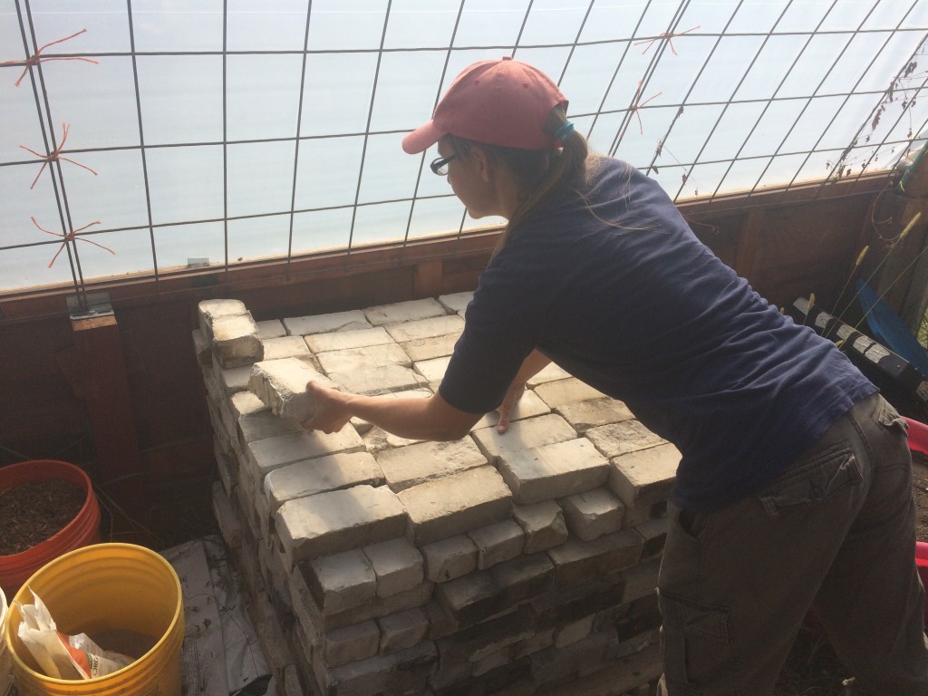 stacking the free insulative firebricks we scored for the greenhouse rocket mass heater (TBD)