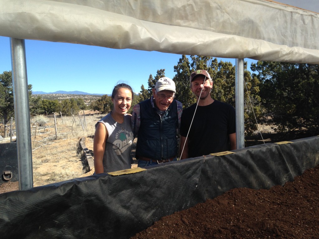 otherWWOOFer Ali, Dee Word (89 years old & always working harder than anyone), and Gabe finishing up the filling of the new raised grow bed