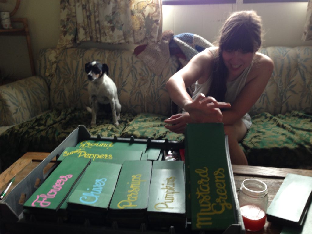 the boards are sawed up chunks of a huge blackboard that we scored for free off of Craigslist)