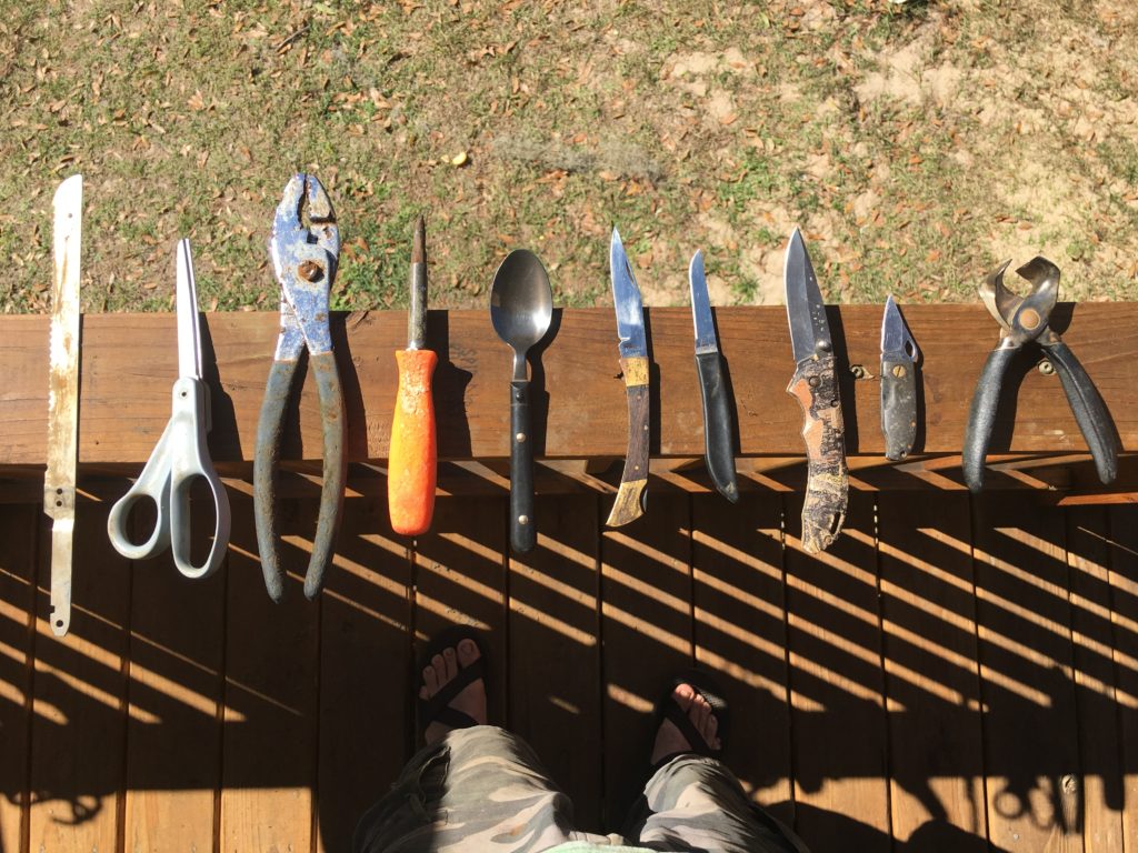 a small portion of our magnet-fishing haul - throwing a powerful magnet on a cord out along the marina docks, and carefully dragging it back in with treasures ...