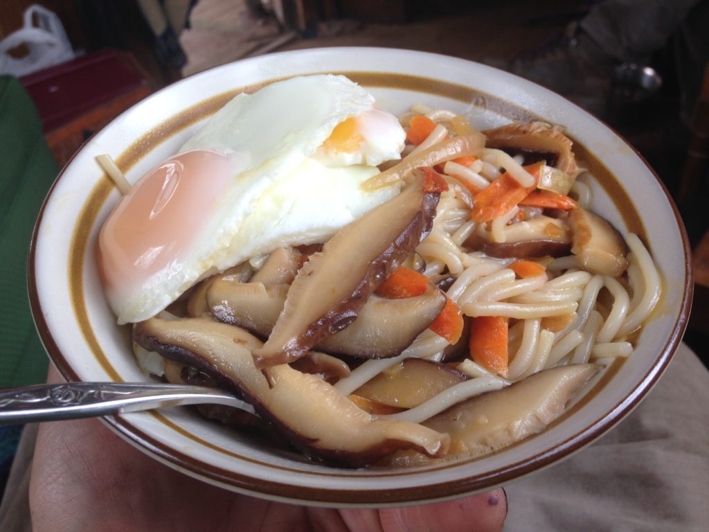 fresh shiitakes & fresh eggs with spicy noodle leftovers