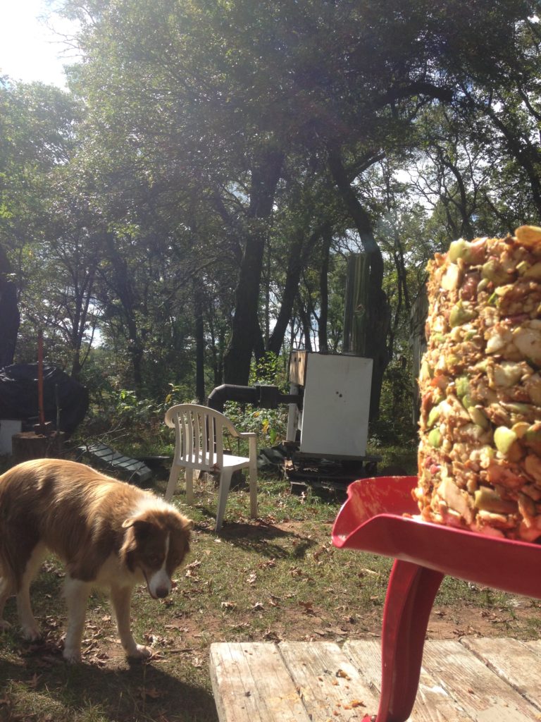 smoker in the background full of peppers, pressed-out apple pulp in the foreground