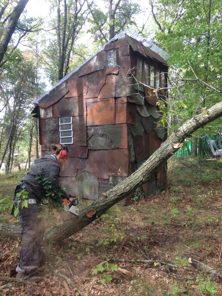 the week started off with some chainsaw work - clearing a path into the outhouse, and taking down this menace that had been threatening to crush the Rust Shack