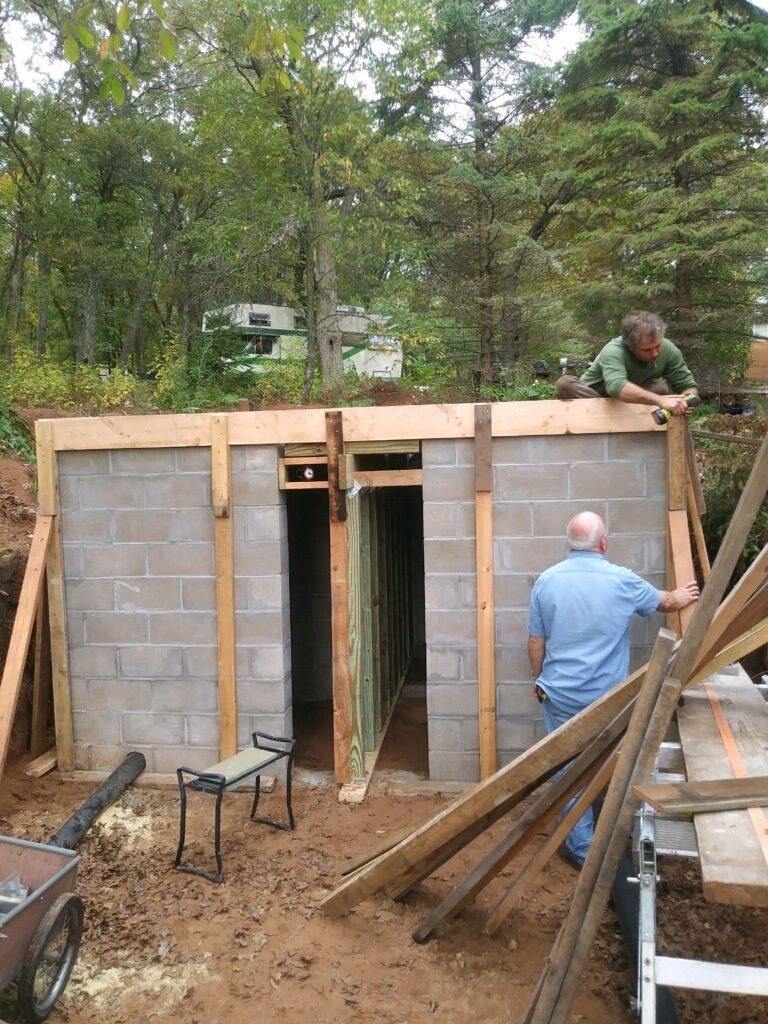 Gabe & Jim building the bracing to hold up a 12x12' 6" thick wet concrete slab