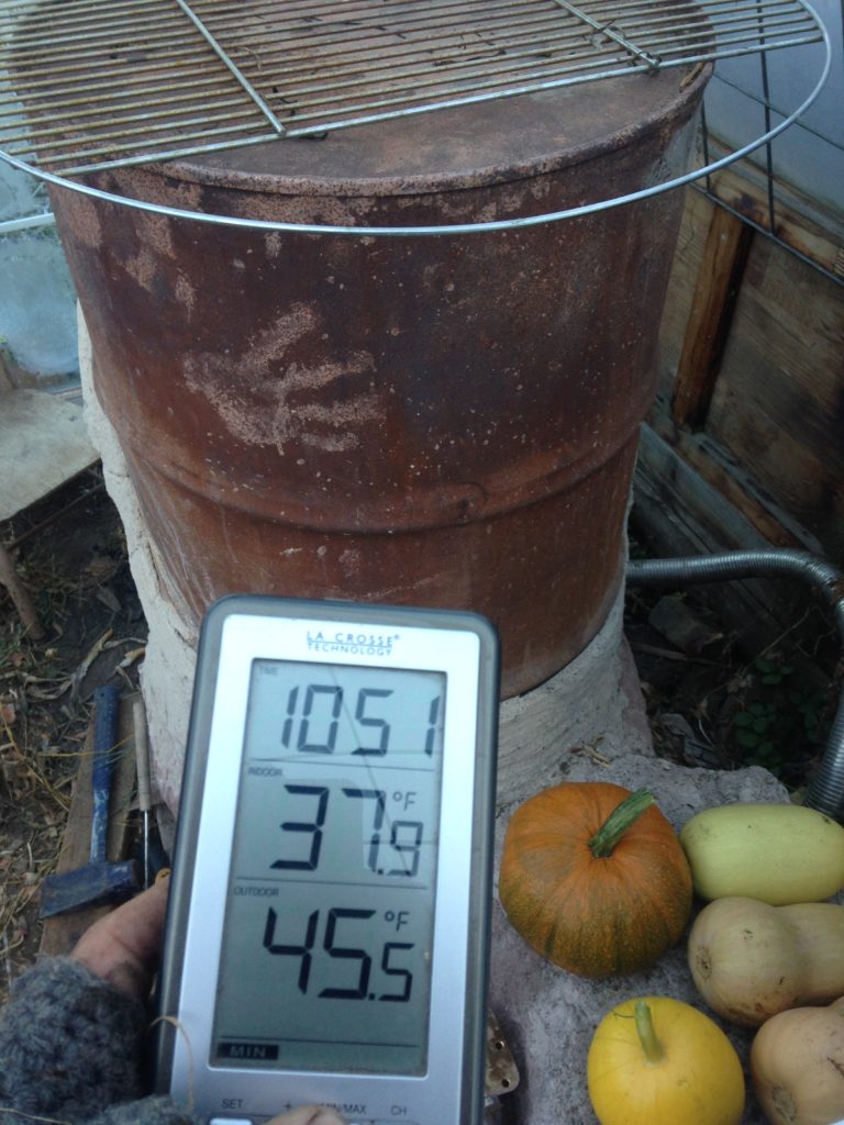 outside, temps fell from 36 to 24 degrees overnight - but in the greenhouse, the low was 45 on the rocket heater bench, and 37 on the opposite side ... saving all our onions, scallions, and hundreds of squash from icy doom